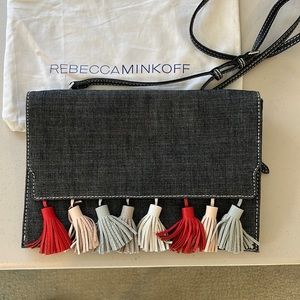 REBECCA MINKOFF Sofia Dark Denim Multi Tassel Cross Body Clutch Purse - NWOT